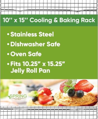 Spring Chef 10" x 15" Stainless Steel Cooling Rack for Cooking & Baking | Heavy Duty Cookie Cooling Rack for Kitchen, Oven Safe Wire Rack for Baking, Fits Jelly Roll Pan, Dishwasher Safe
