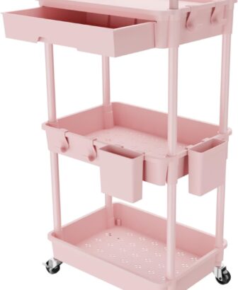 REBECAT 3 Tier Rolling Utility Cart with Drawer,Storage Cart,Rolling Cart for Kitchen,Bathroom,Living Room,Storage Organizer with Iron Wheels（Pink