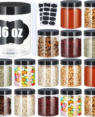 Plastic Jars with Lids, 16 oz Plastic Containers with Lids Clear Airtight Container Storage Jar Mason Jars for Dry Food Peanut Butter Honey Jam Cosmetics, Pack of 16 (16 PCS Black Lids)